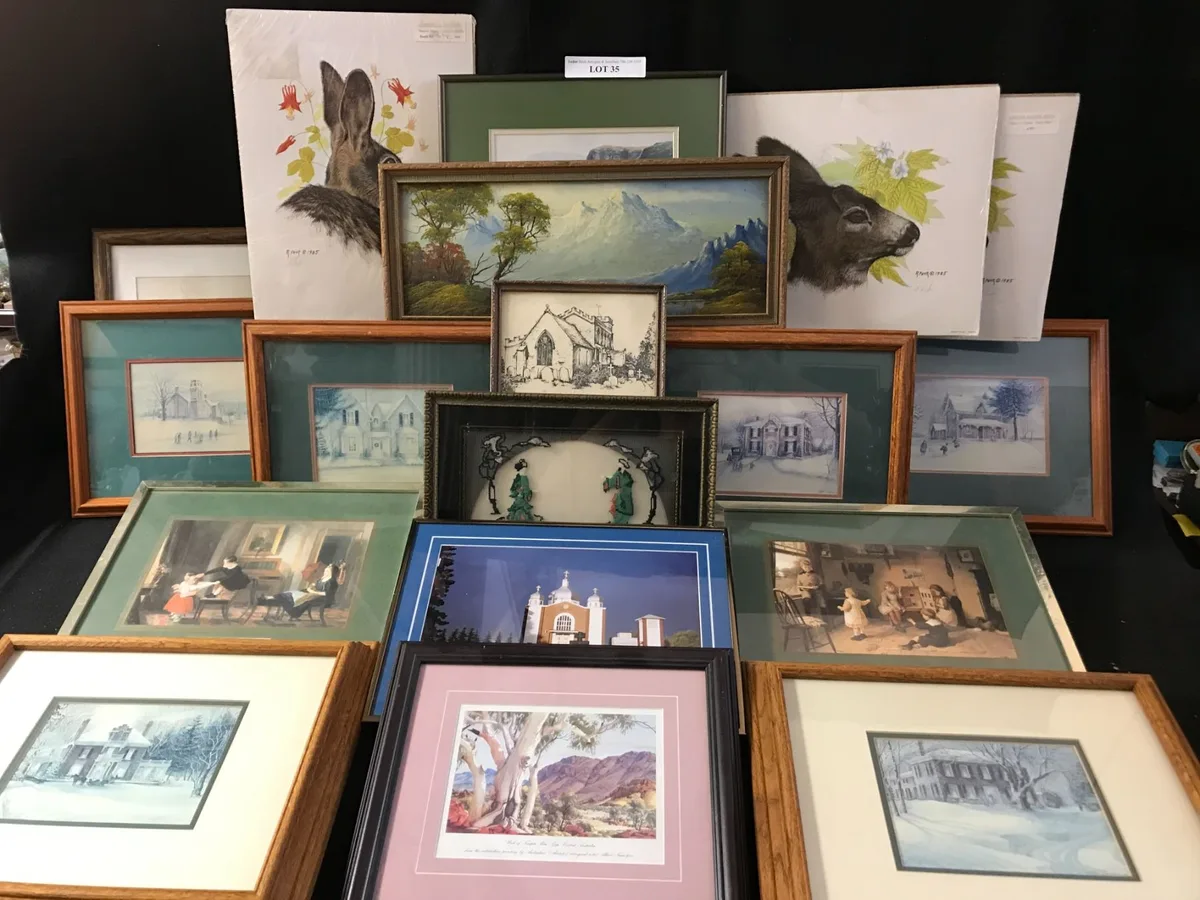Collection of framed artwork in assorted sizes