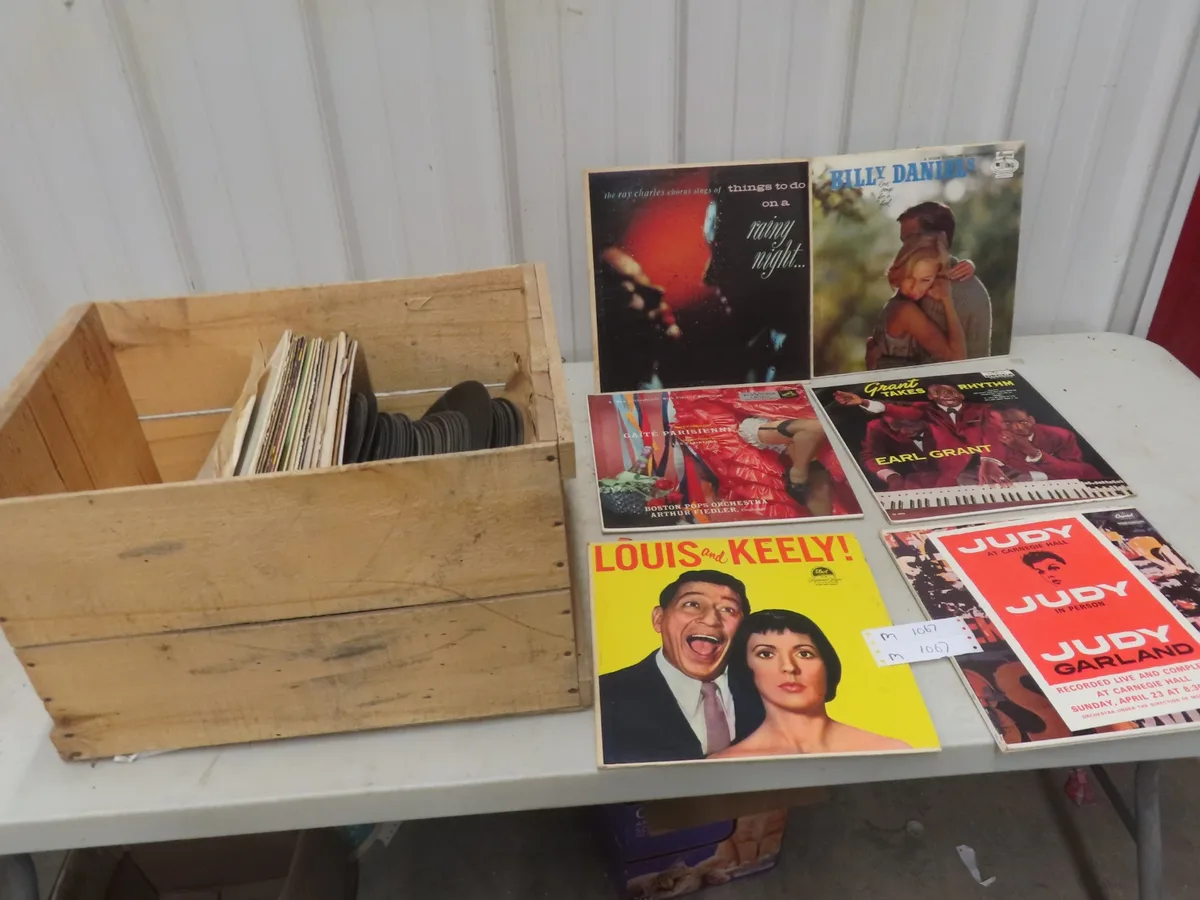 Wooden crate filled with vintage vinyl records