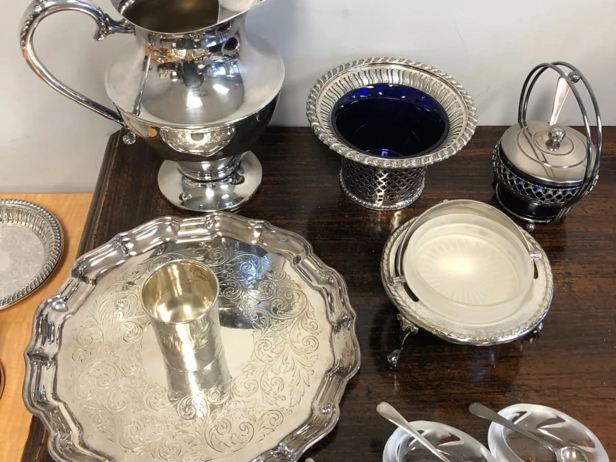 Silver-plated pitcher, tray and serving pieces