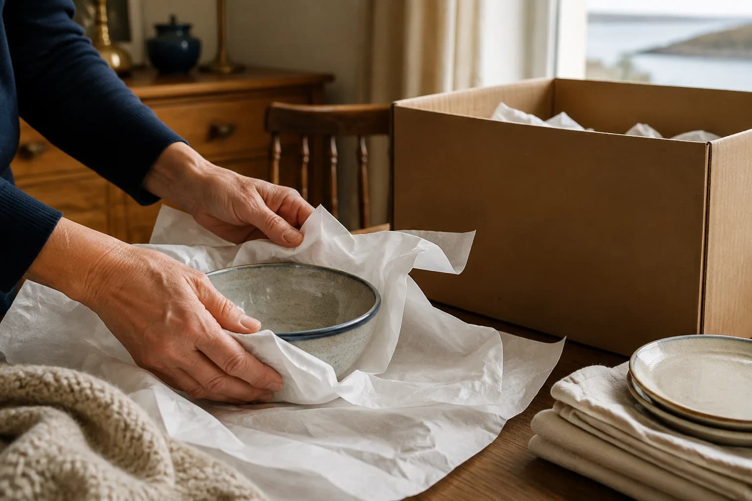 Illustrative scene of hands carefully wrapping a ceramic bowl for a household move