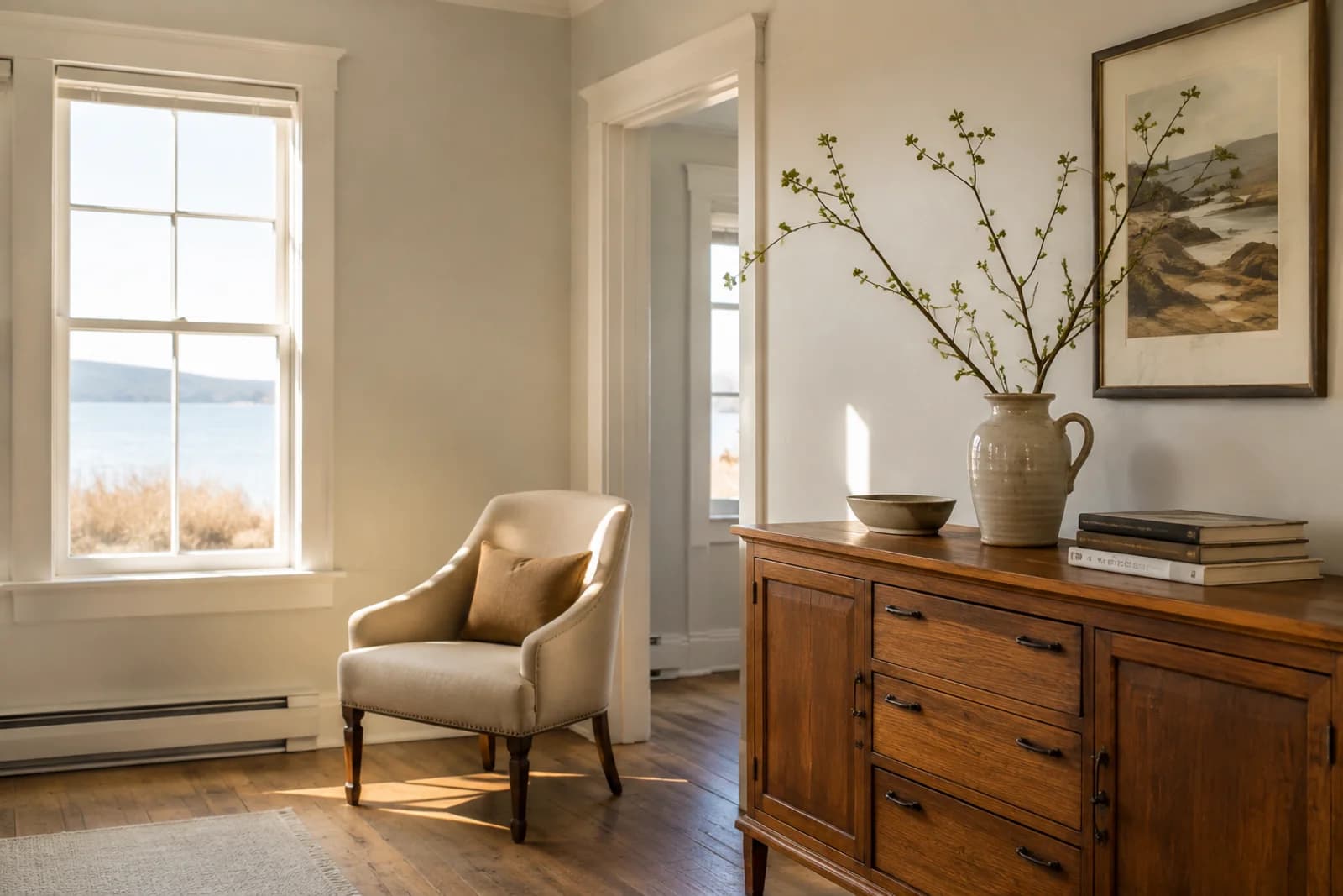 Illustrative coastal-home interior with a wooden sideboard, books and a sunlit reading chair