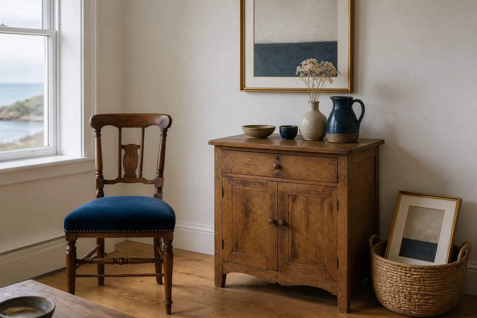 Illustrative vintage furniture and ceramics arranged in a sunlit coastal room